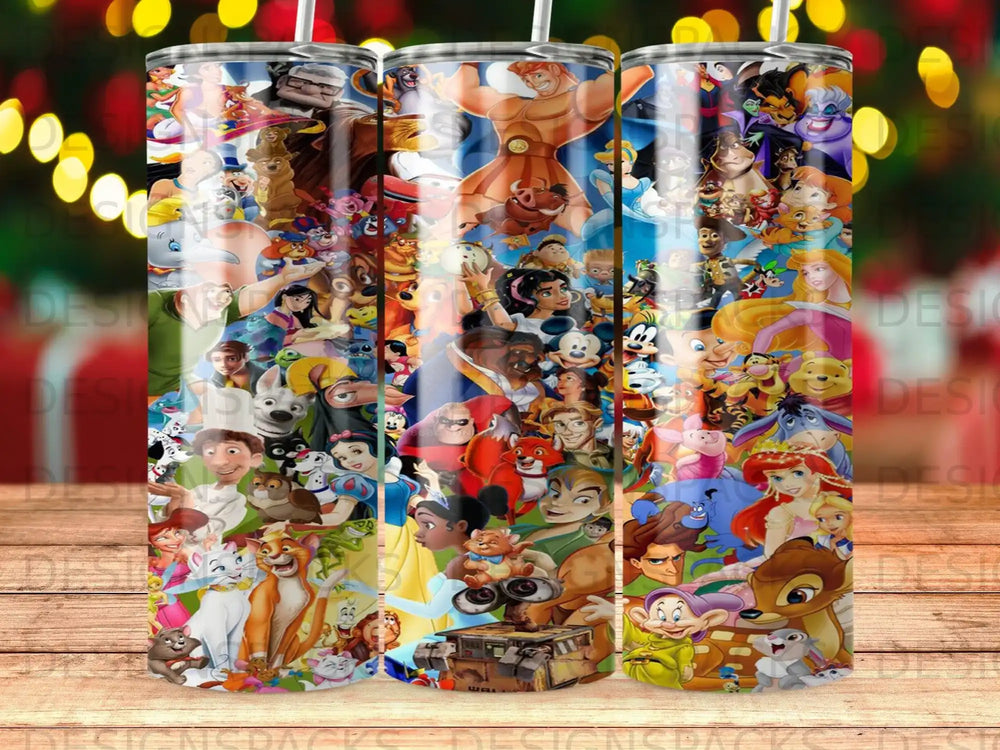 Collage of Disney characters on a skinny tumbler.