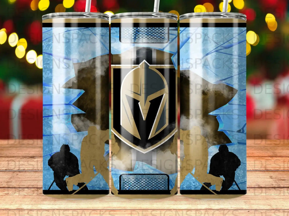 Golden Knights logo with hockey players and net on a cracked blue background.