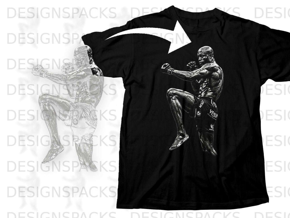 Black t-shirt with a martial artist in fighting stance, "Venum" logo on shorts.