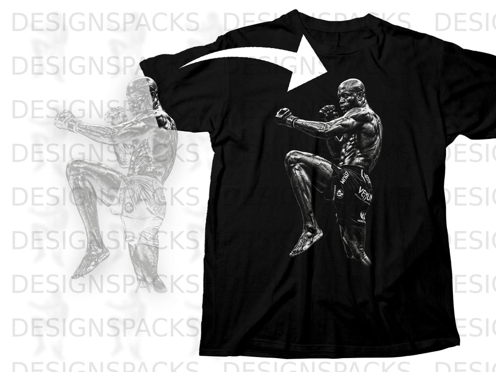 Black t-shirt with a martial artist in fighting stance, "Venum" logo on shorts.