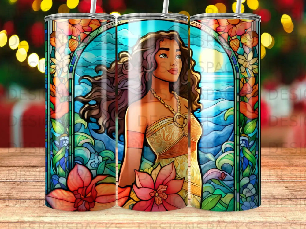 Stained glass tumbler featuring a woman with flowers and a teal background.