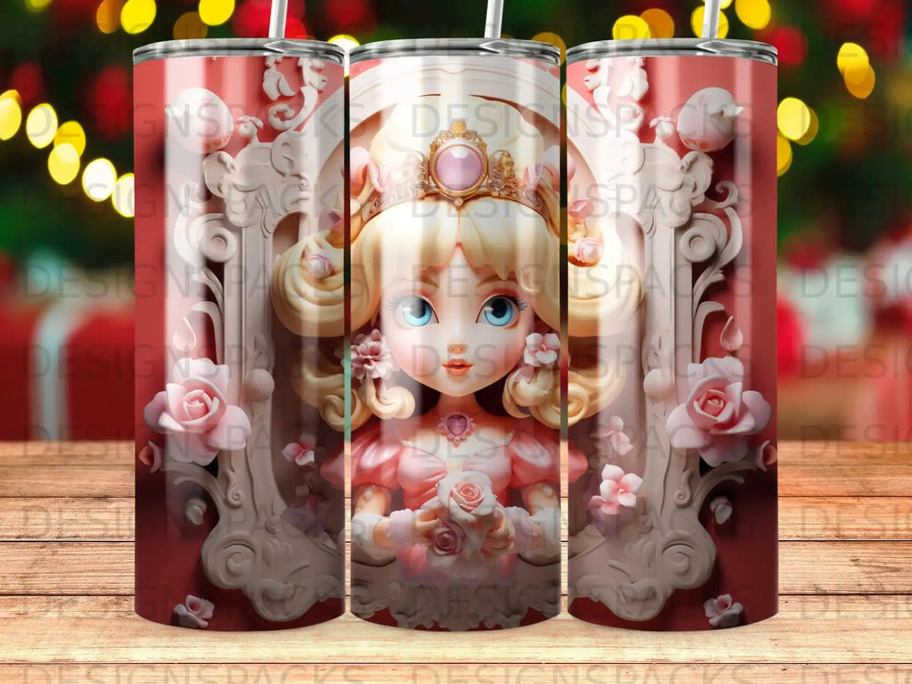 Pink princess tumbler with roses and ornate border.
