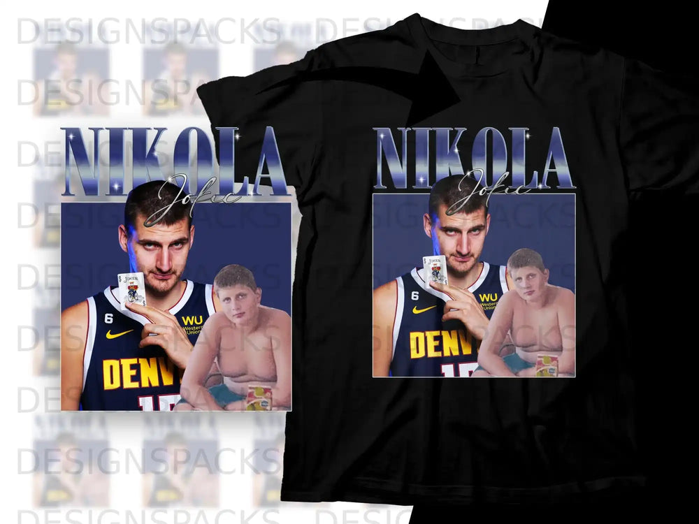 Nikola Jokic graphic on black t-shirt, featuring a basketball player portrait.