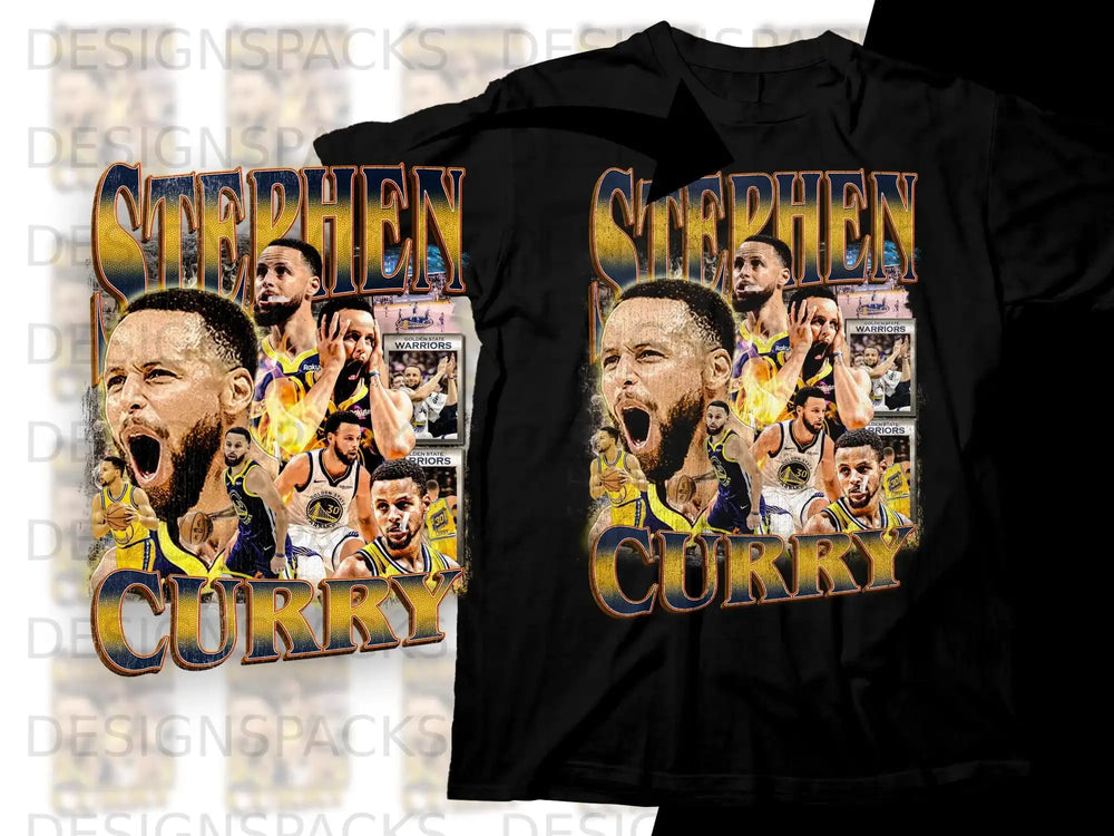 Stephen Curry collage with "CURRY" text on a black t-shirt.