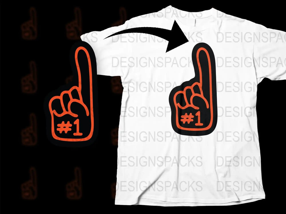 Number One Foam Finger T-Shirt, Sports Fan Tee, White and Orange, Unisex Adult Clothing, Casual Game Day Shirt