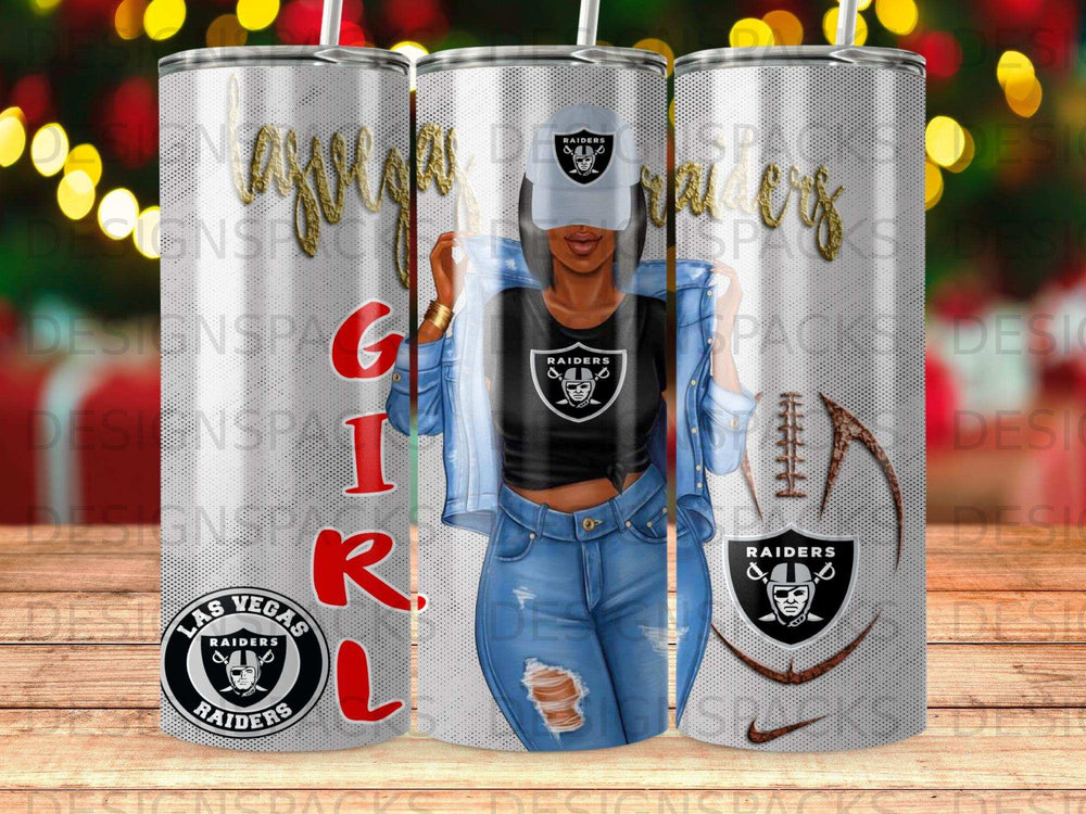 Tapered tumbler with Las Vegas Raiders logo and woman in denim.
