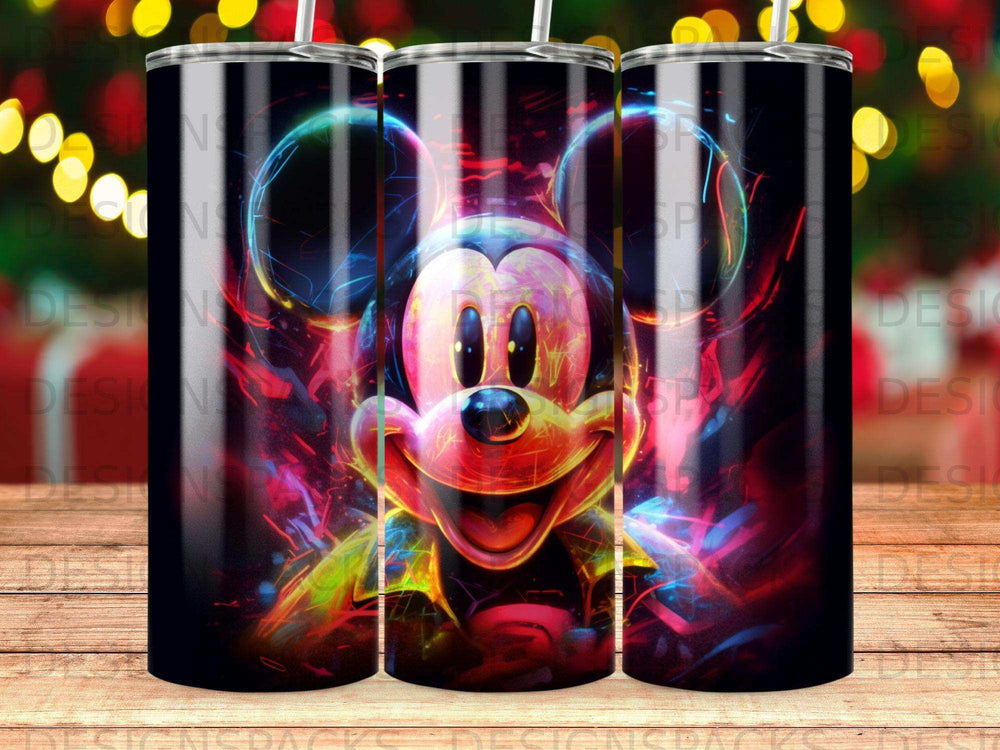 Mickey Mouse's colorful, glowing face on a black tumbler.