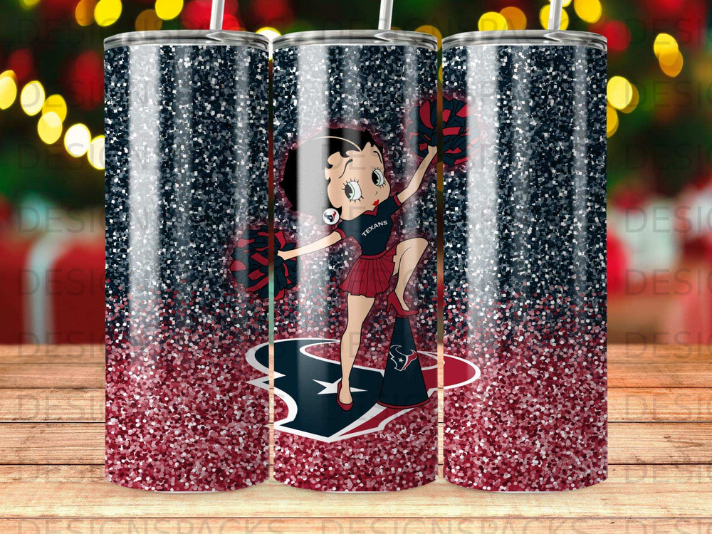 Betty Boop in Houston Texans uniform with pom-poms and megaphone.