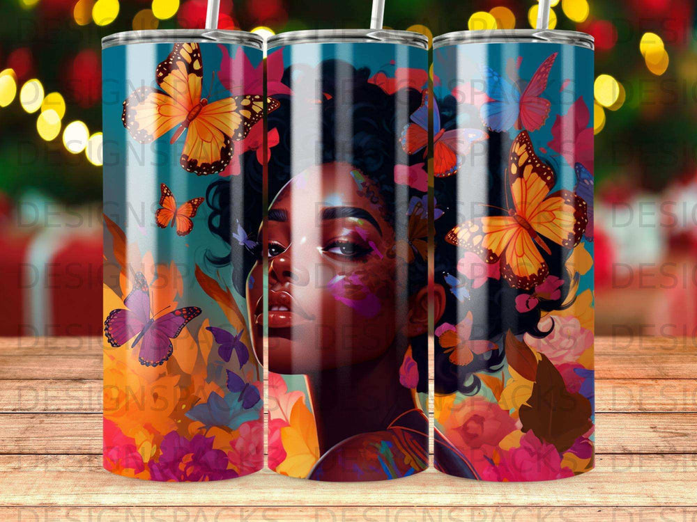 Woman with colorful butterfly art on face and in hair.