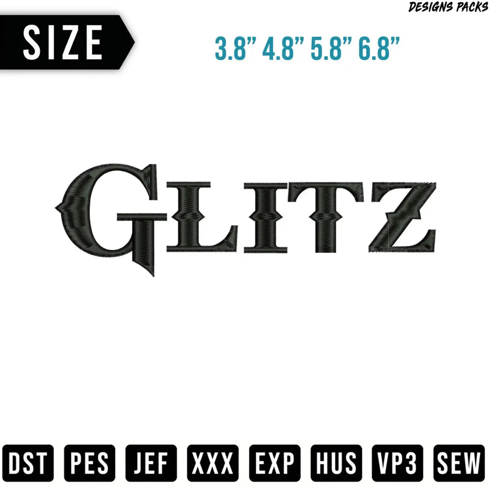 Embroidery design "GLITZ" with size options and file formats.