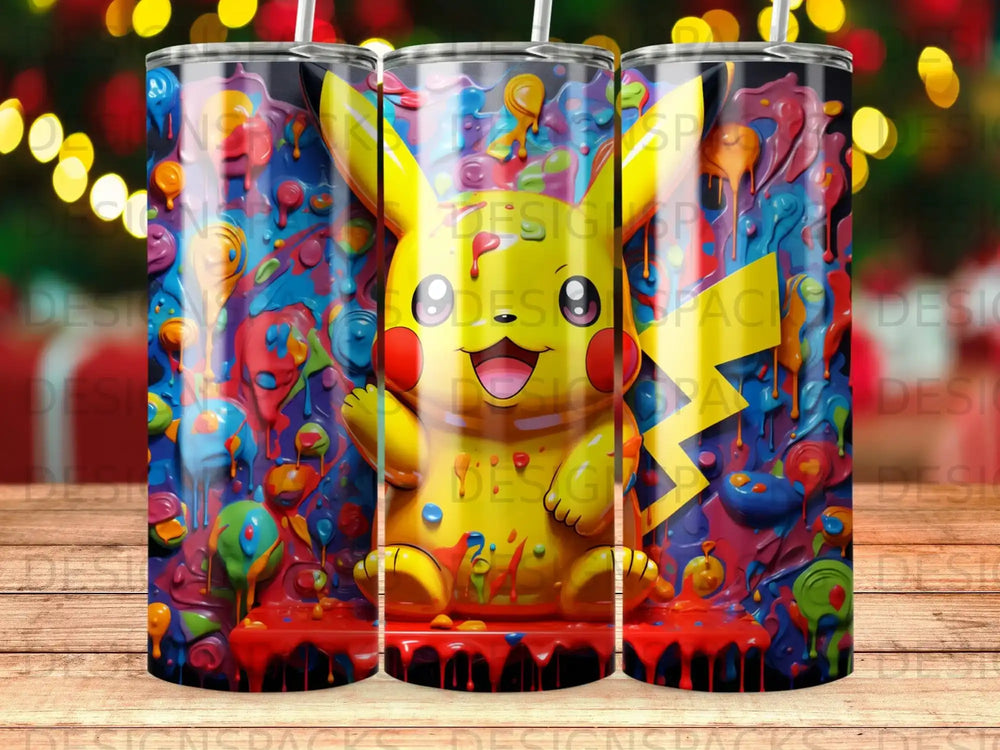 Pikachu splashing in colorful paint with a vibrant, textured background.