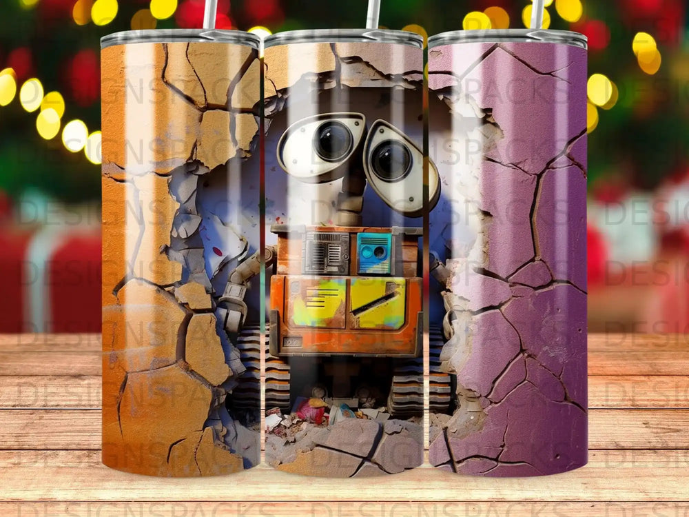 Wall-E robot peers through cracks in a textured surface.