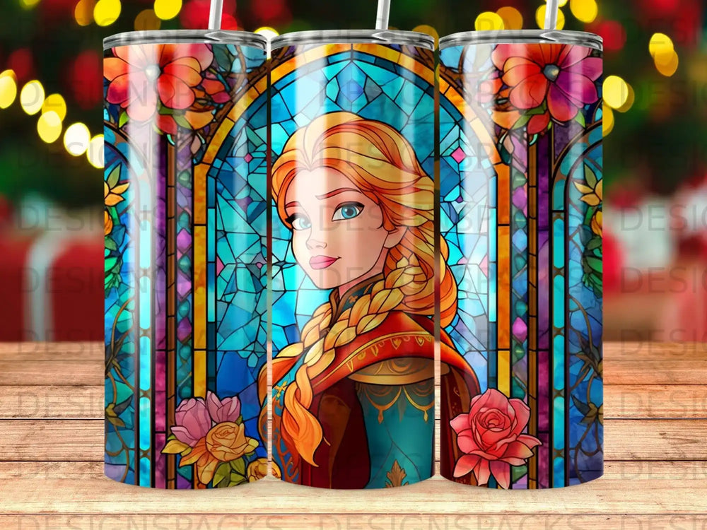 Stained glass tumbler featuring braided blonde woman with floral accents.