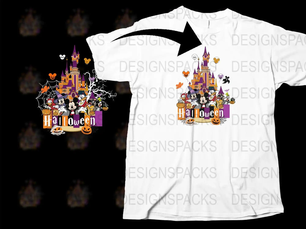 Halloween T-Shirt Colorful Haunted House and Pumpkins Graphic Tee Unisex Casual Wear