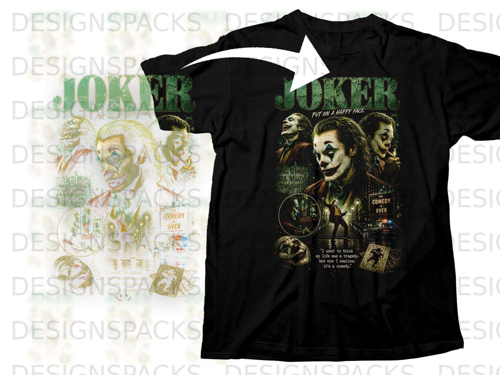 Black t-shirt featuring the Joker with various quotes and images, including "Joker" text.