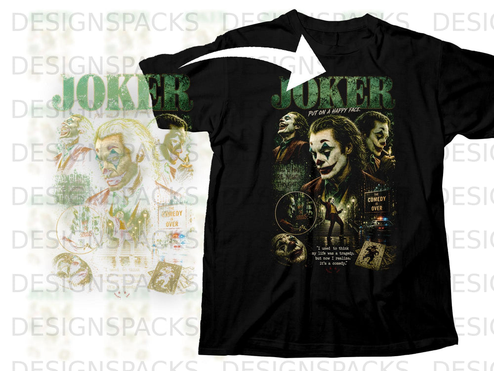 Black t-shirt featuring the Joker with various quotes and images, including "Joker" text.