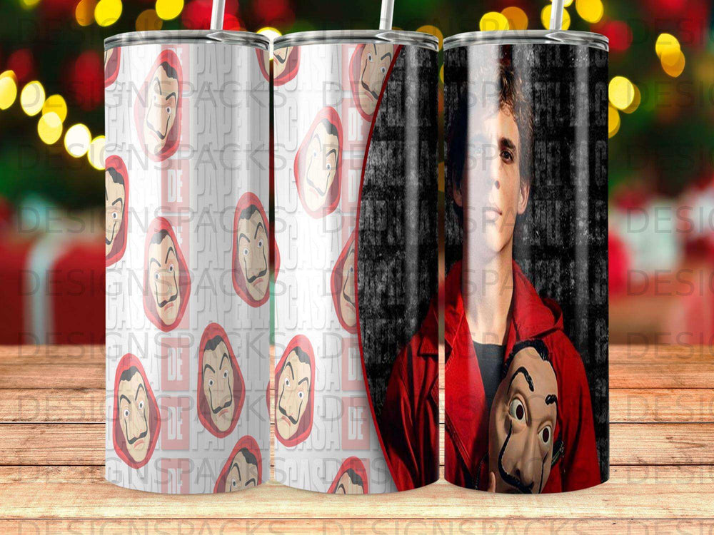 La Casa de Papel Dali mask and red jumpsuit tumbler.