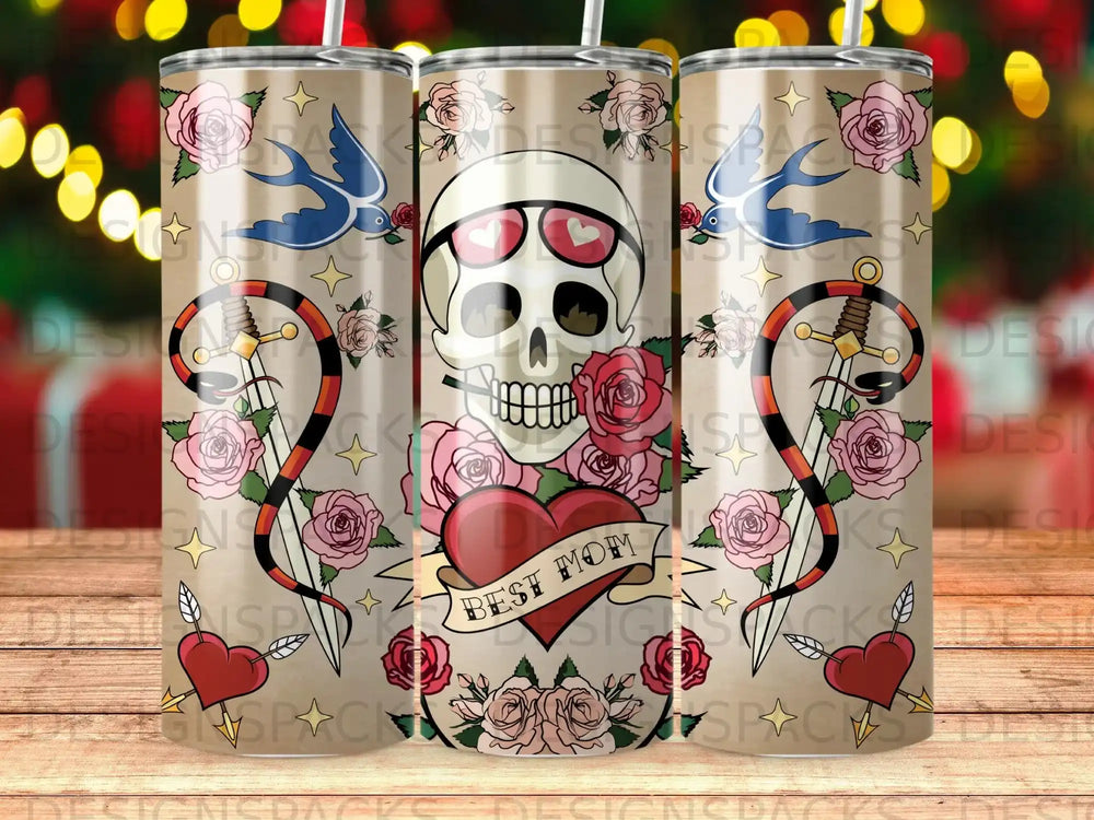 Skull with heart, roses, and daggers on a patterned tumbler.