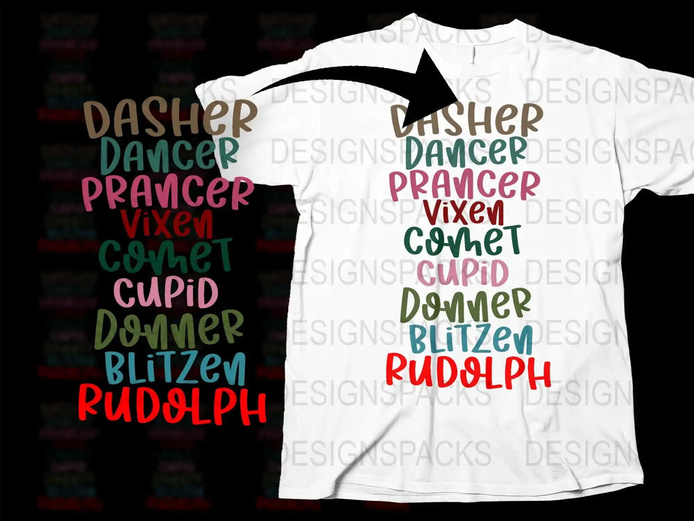 Christmas Reindeer Names T-Shirt, Colorful Holiday Graphic Tee, Festive Unisex Apparel