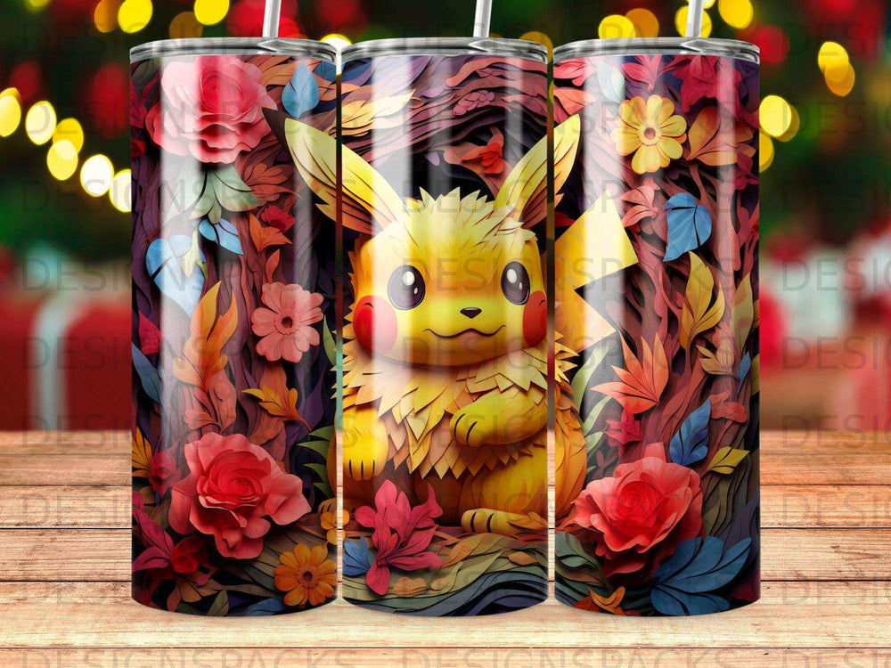 Pikachu surrounded by colorful flowers and autumn leaves.
