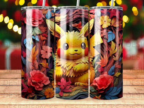 Pikachu surrounded by colorful flowers and autumn leaves.