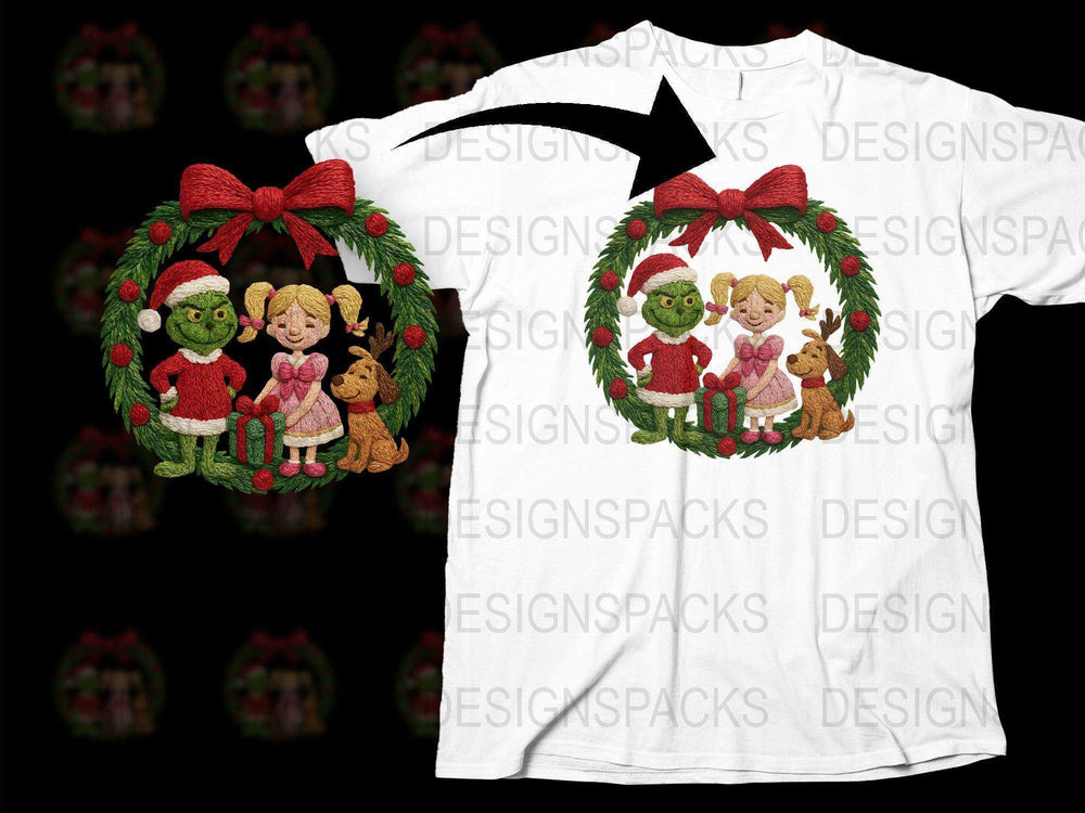 Christmas Wreath T-Shirt, Cute Cartoon Animals, Festive Kids Holiday Apparel, Unisex White Graphic Tee