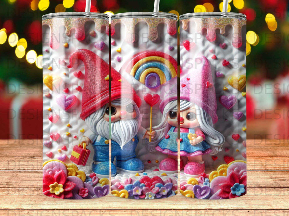 Cute gnomes with rainbow and hearts on a tumbler.