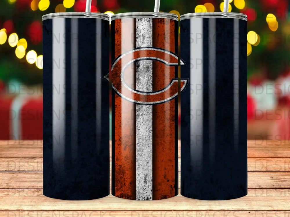 Chicago Bears logo on a distressed orange and white striped tumbler.