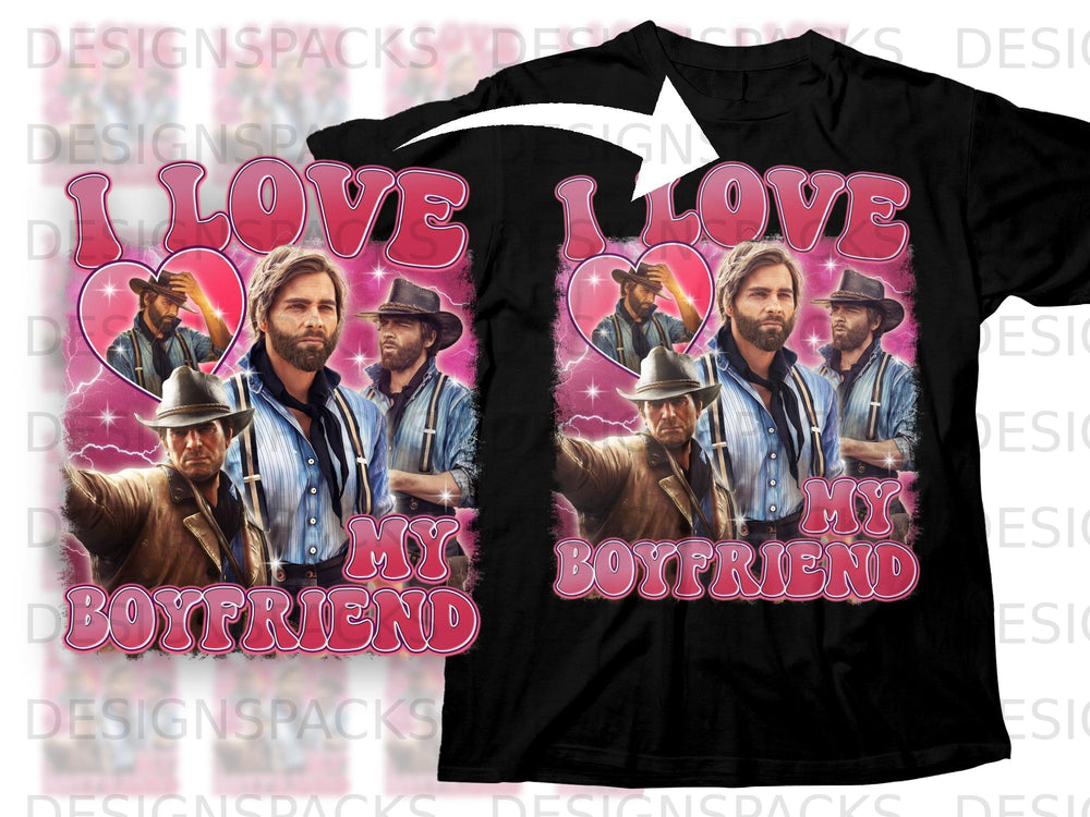 Black t-shirt with "I Love My Boyfriend" text and heart graphics featuring cowboy characters.