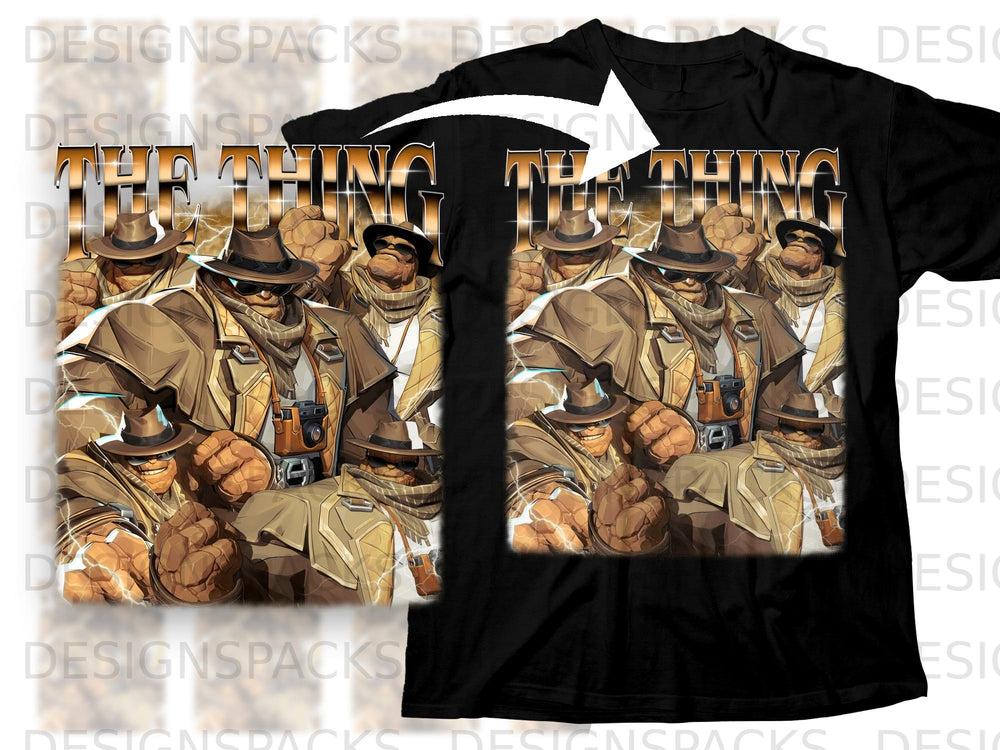 Black t-shirt with "The Thing" graphic featuring comic book characters in trench coats.
