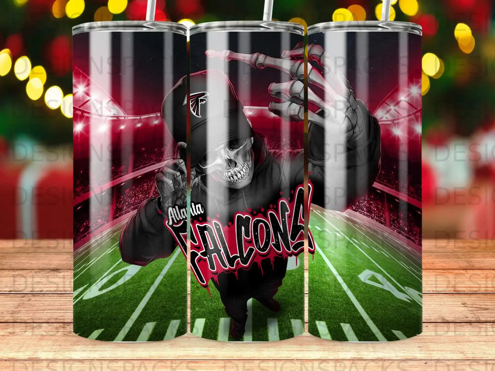 Atlanta Falcons skull wearing hoodie, with stadium background.