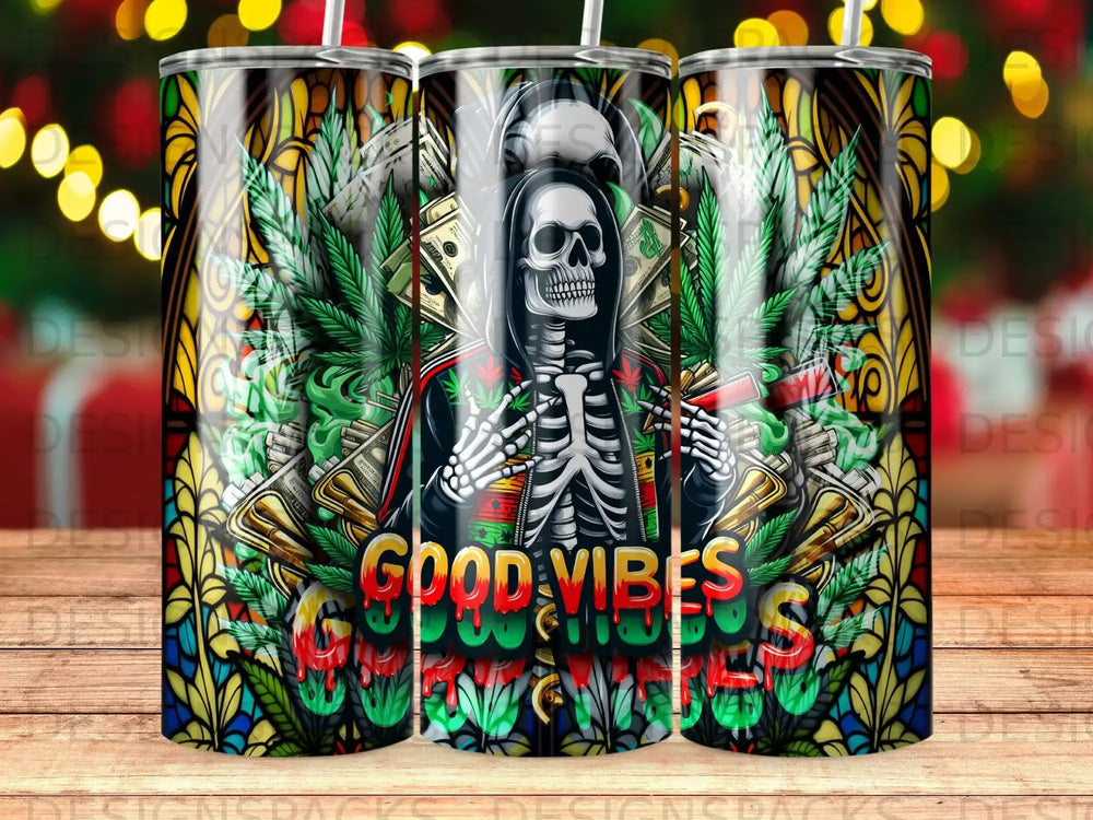 Skeleton in hoodie holding money and weed, "Good Vibes" text.