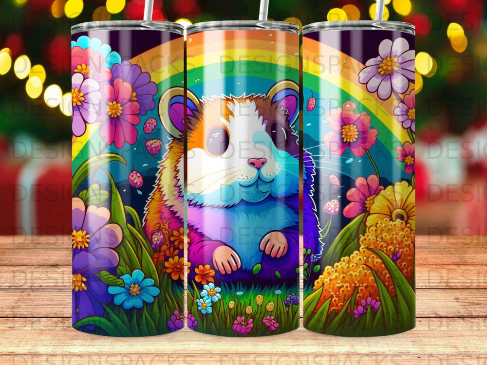 Rainbow-colored guinea pig with flowers and grass.