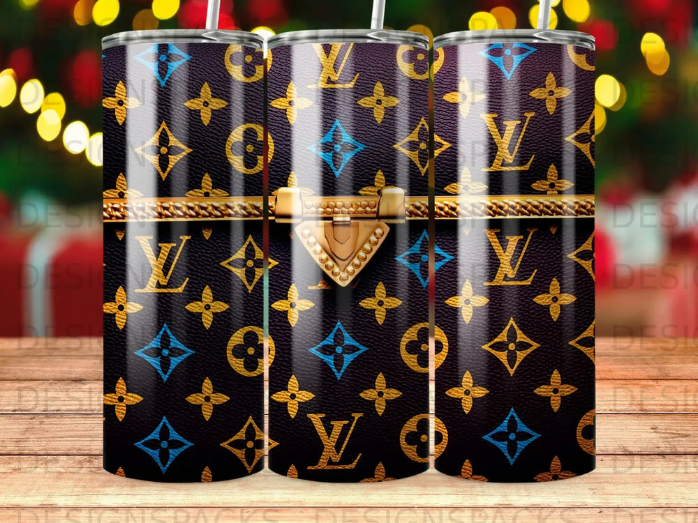 Dark tumbler with repeating gold LV monogram pattern and gold clasp detail.