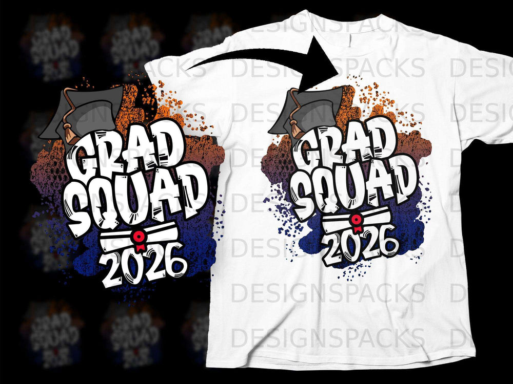 "Grad Squad 2026" graphic with graduation cap and diploma on a white t-shirt.