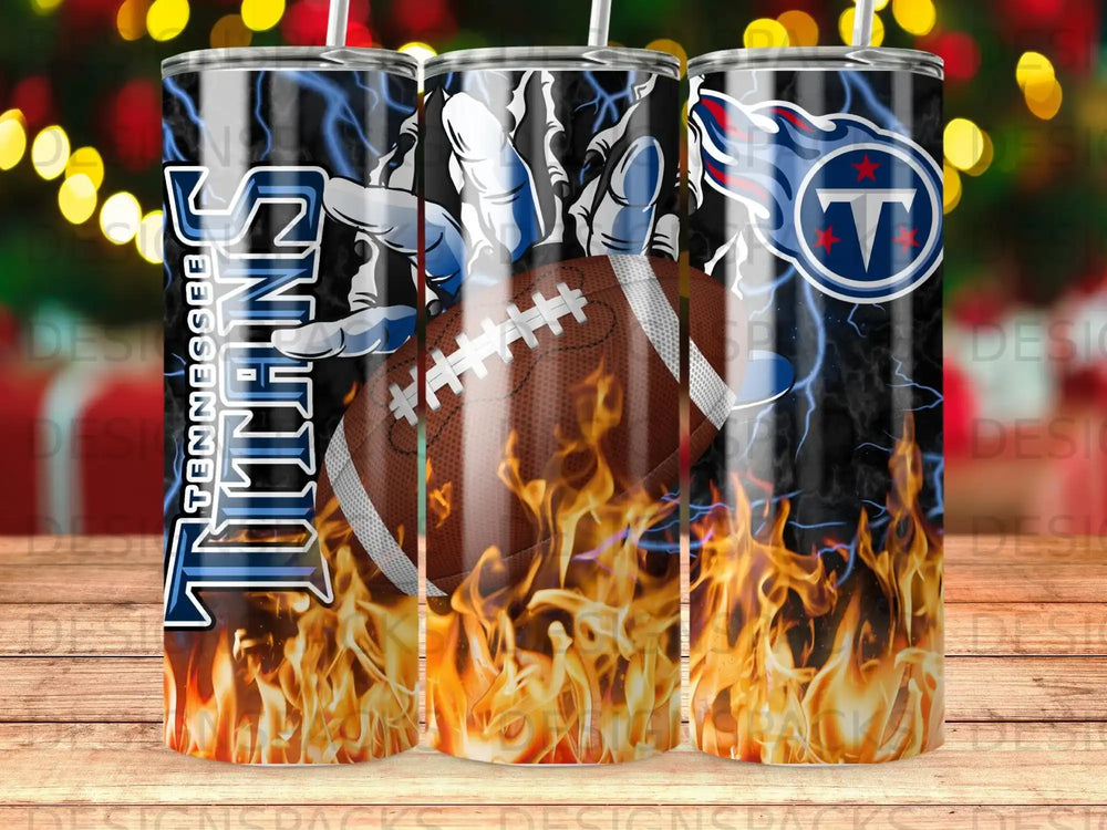 Tennessee Titans football team logo and flaming football on a dark background.
