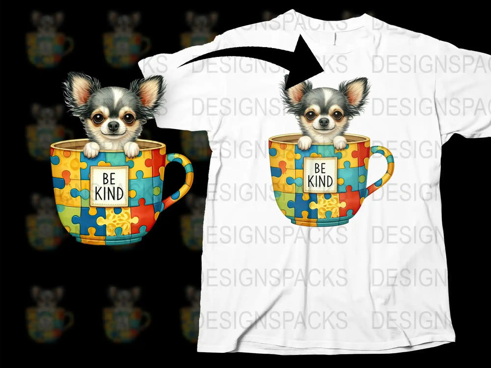 Cute Chihuahua Puppy in Puzzle Mug Graphic T-Shirt, Colorful Be Kind Tee, Animal Lover Gift, Casual Wear