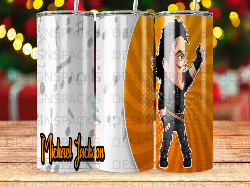 Michael Jackson on a tumbler with a concert stage background.
