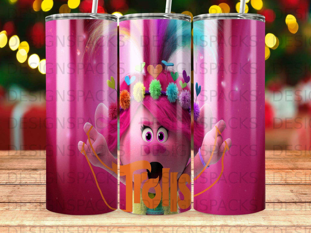 Poppy from Trolls with colorful flowers in her hair and a glittery background.