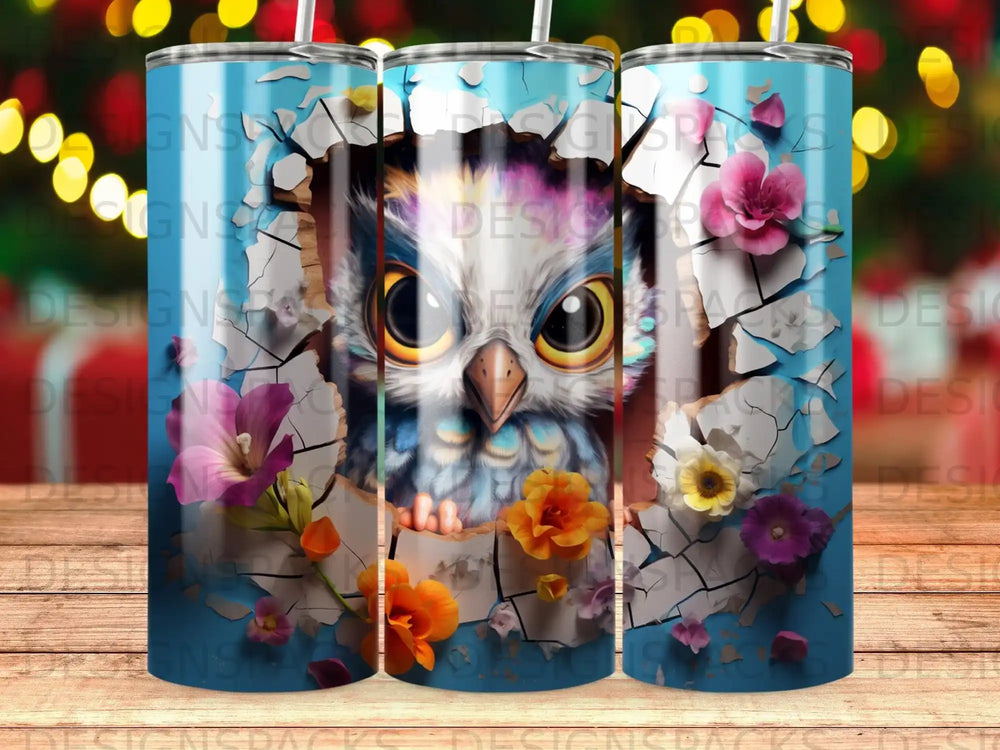 Owl face peering through a cracked, floral-patterned background.