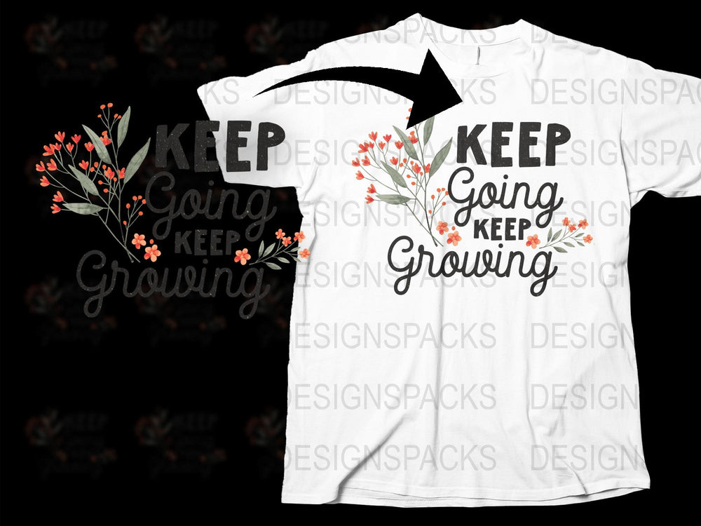 Inspirational Quote T-Shirt, Keep Going Keep Growing, Floral Design, Unisex White Tee with Red Berries and Leaves, Motivational Apparel