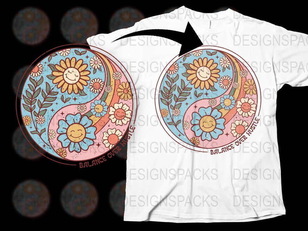 Bohemian Floral Yin Yang T-Shirt, Spiritual Balance Graphic Tee, Zen Flower Art, Unisex Fashion Top
