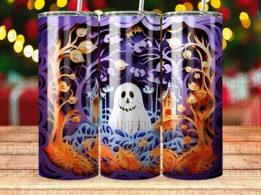 Halloween tumbler with a cut-out ghost and haunted house design.