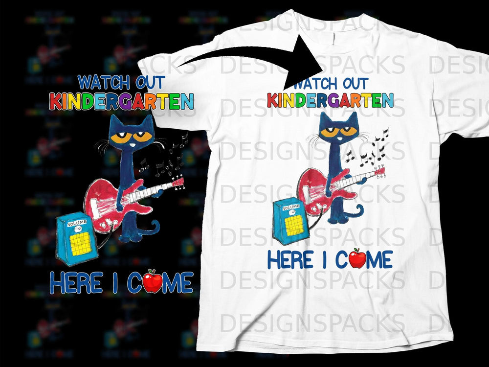 Pete the Cat playing guitar with text "Watch Out Kindergarten Here I Come"