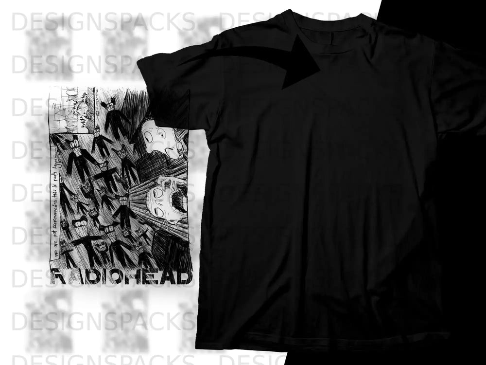 Black t-shirt with a comic panel art featuring screaming faces and a large arrow.