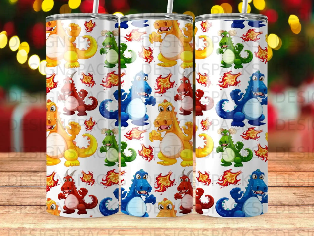 Three tumblers featuring colorful cartoon dragons with flames and scales.