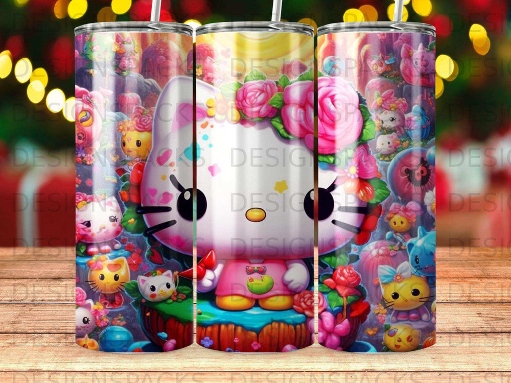 Hello Kitty surrounded by colorful characters and floral accents.