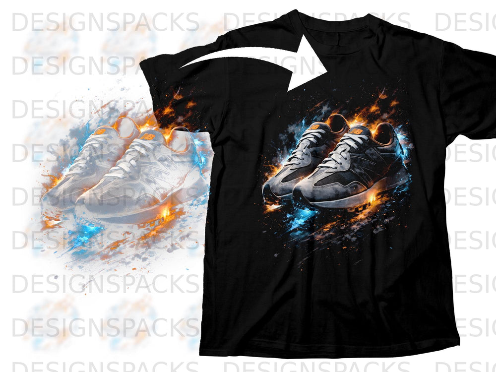 Black t-shirt featuring a graphic of two sneakers with abstract fiery and icy splashes.