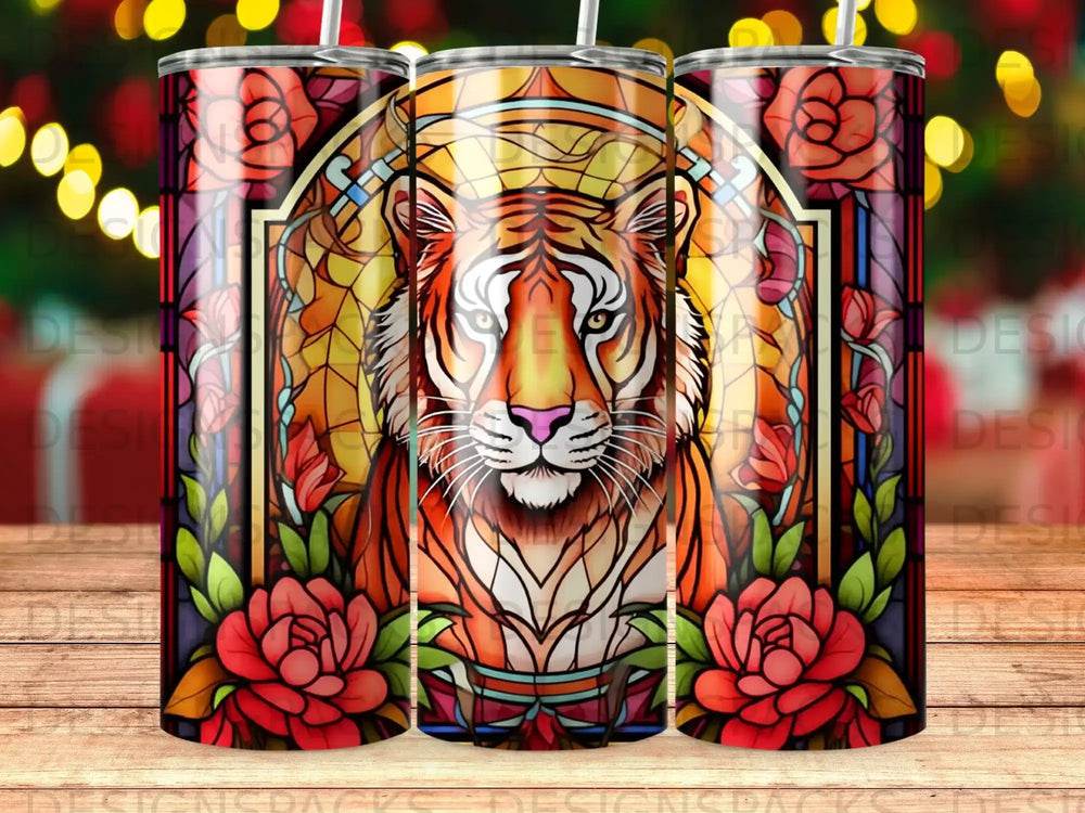 Tiger stained glass design with roses on a tumbler.