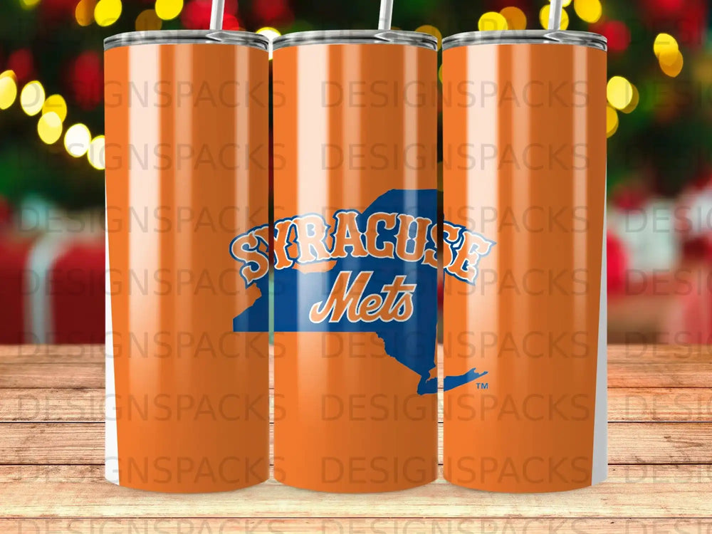 Syracuse Mets logo on orange patterned tumbler, three views.